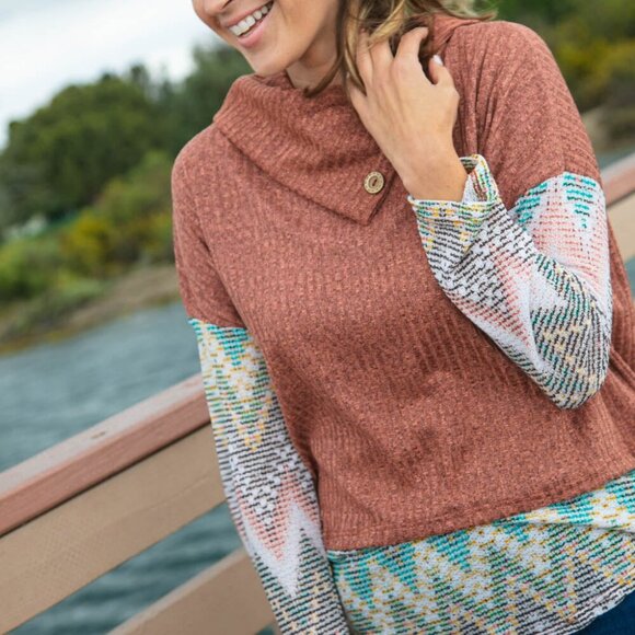 Two Tone Chevron Pattern Oversized Knit Turtleneck  -Sizes:  2x and 3x - Picture 4 of 5